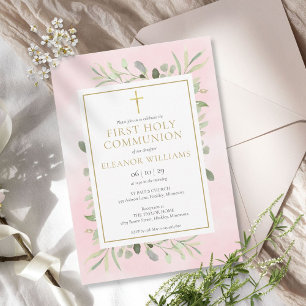 Invitation Première Sainte Communion Rose Végétal Aquarelle