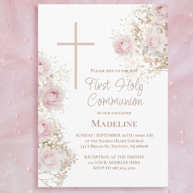 Invitation Première Sainte Communion roses roses Baby's Breat (Créateur téléchargé)