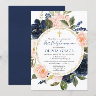 Invitation Première Sainte Communion rousse rose marine bleu 