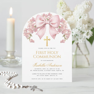 Invitation Première Sainte Communion Ruban Rose Floral Élégan