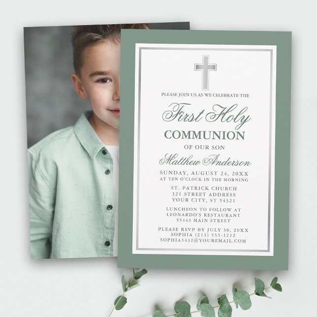 Invitation Première Sainte Communion Sage Green Silver Photo (Customize to change text size or text style.)