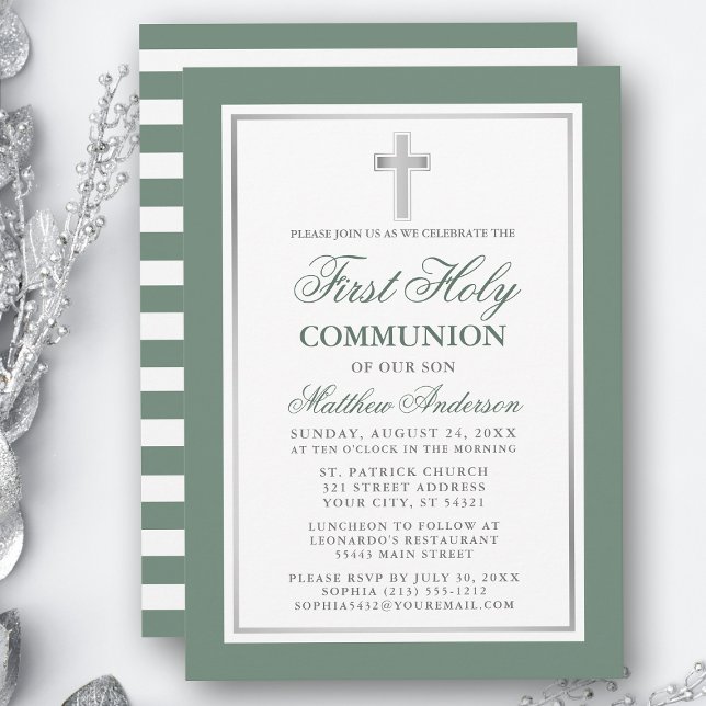 Invitation Première Sainte Communion Sage Vert Argent rayé (Customize to change text size, color or text style.)