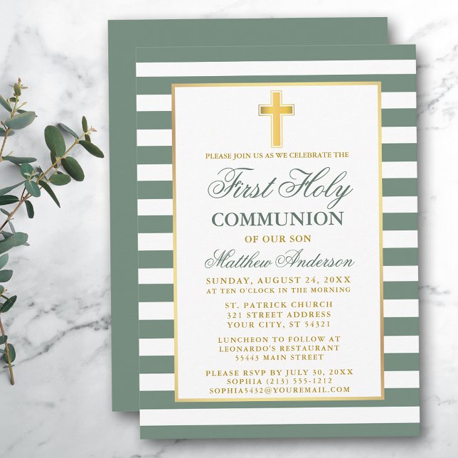 Invitation Première Sainte Communion Sage Vert Gratté Or (Customize to change text size, color or text style.)