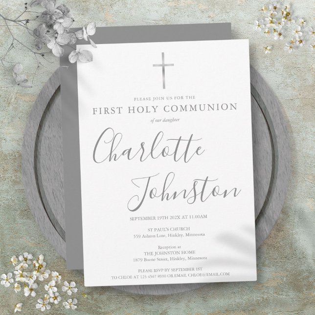 Invitation Première Sainte Communion Signature Argent Moderne (First Holy Communion Modern Silver Signature Invitation)