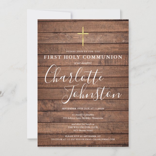 Invitation Première Sainte Communion signature bois rustique (Devant)