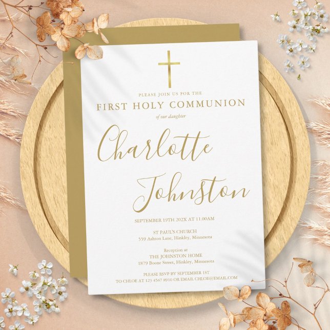 Invitation Première Sainte Communion Signature Dorée Moderne (Modern Golden Signature First Holy Communion Invitation)