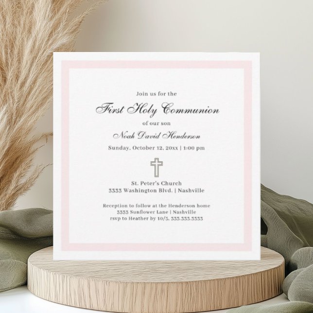 Invitation Première Sainte Communion Simple Rose Blanc (Créateur téléchargé)