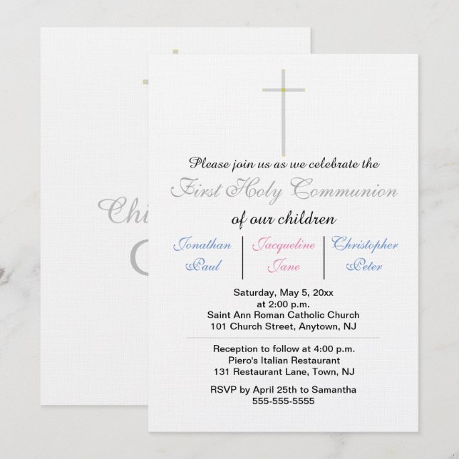 Invitation Première Sainte Communion Triplés Bleu Rose (Devant / Derrière)
