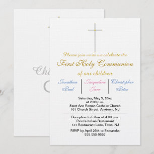 Invitation Première Sainte Communion Triplets Or bleu rose