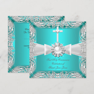 Invitation Première Sainte Communion Turquoise Blanc Argent F