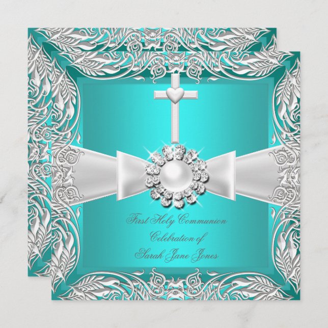 Invitation Première Sainte Communion Turquoise White Silver G (Devant / Derrière)
