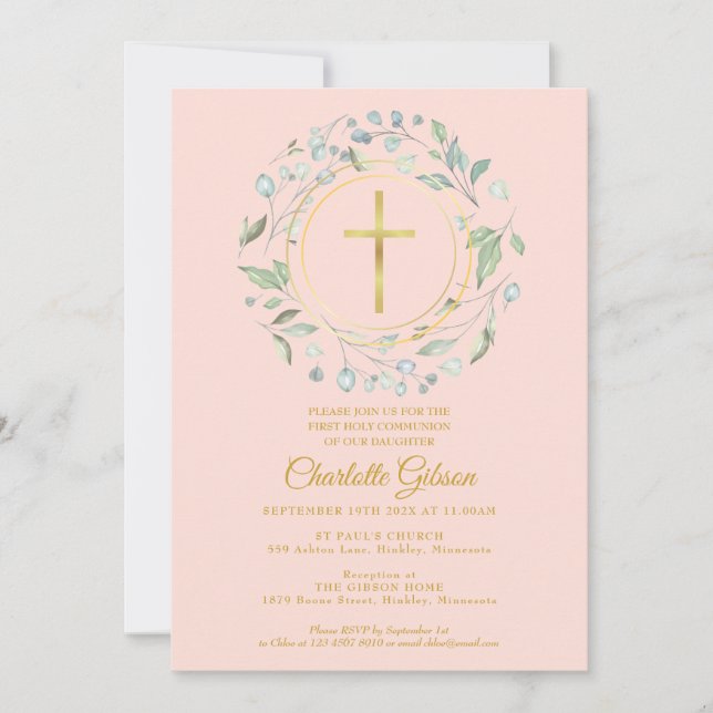 Invitation Première Sainte Communion Verdure Rose Pâle Or (Devant)