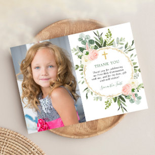 Invitation Première Sainte Communion vert rose photo merci