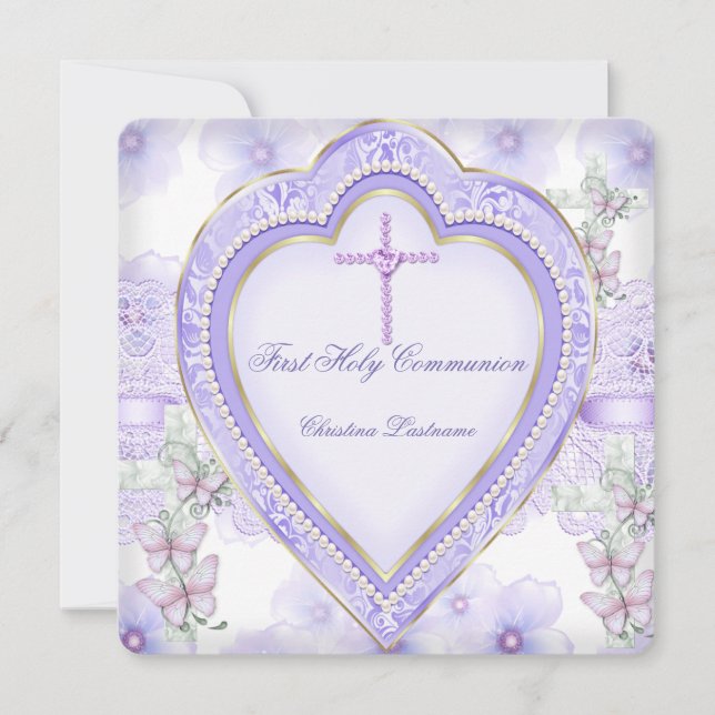 Invitation Première Sainte Communion Violet Rose Cœur Fille 2 (Devant)