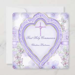 Invitation Première Sainte Communion Violet Rose Cœur Fille 2