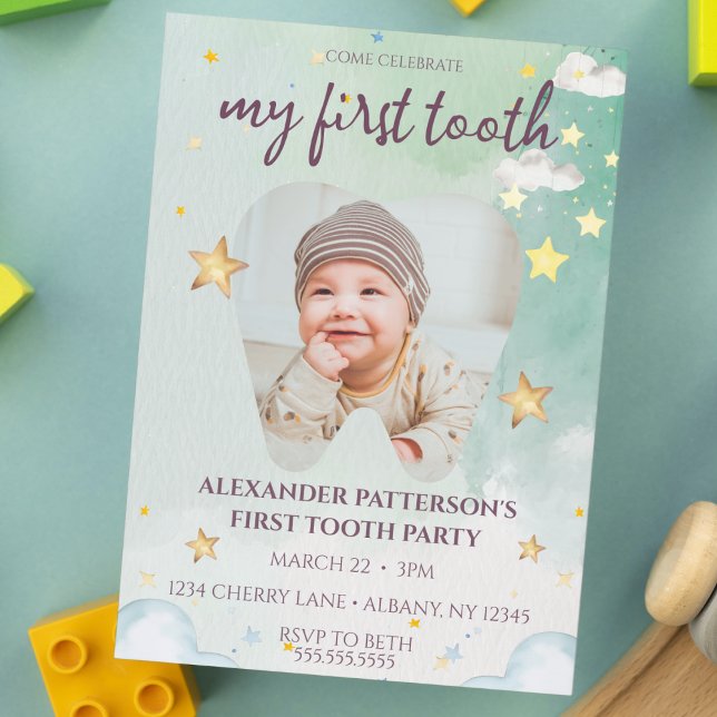 Invitation Première Soeur Couleur d'eau douce Stars Photo béb (my first tooth party invitation cute green watercolor stars and clouds baby toddler 1st teeth invite)