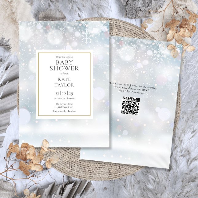 Invitation Premières flocons de neige QR Code Baby Shower (First Winter Snowflakes QR Code Baby Shower Invitation)