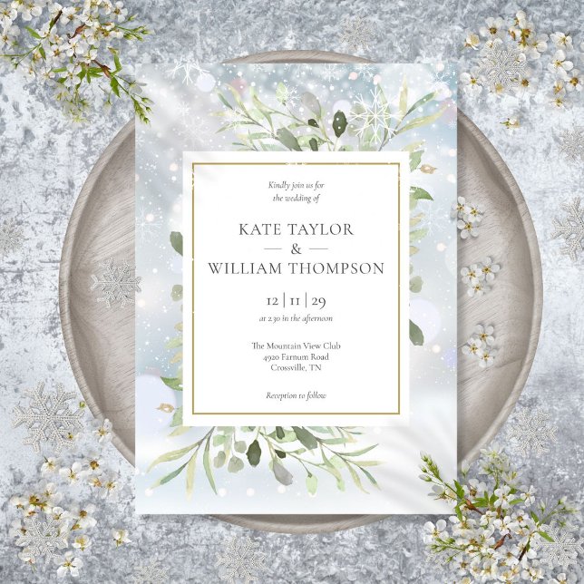 Invitation Premiers flocons de neige Verdure Mariage d'hiver  (First Snowflakes Greenery Winter Wedding Invitatio Invitation)