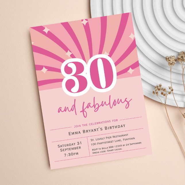 Invitation Premium, 30 et Fabulous Retro Pink (30th Birthday Invitation, 30 and fabulous. Retro thirty party fun bright colorful)