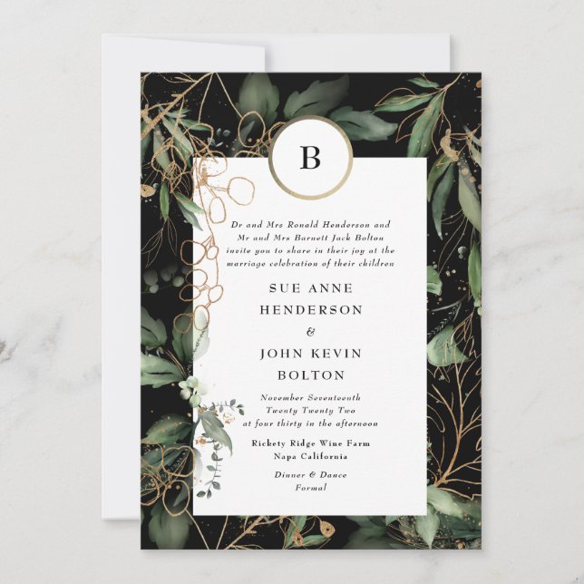 Invitation Premium Black Gold Monogramme Botanique Eucalyptus (Devant)