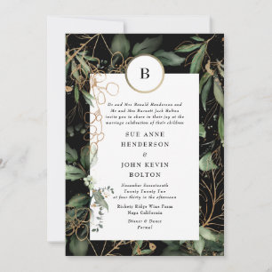 Invitation Premium Black Gold Monogramme Botanique Eucalyptus