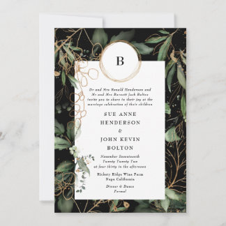 Invitation Premium Black Gold Monogramme Botanique Eucalyptus