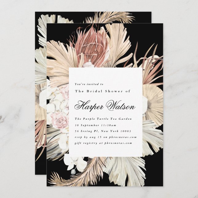 Invitation Premium Black Onyx Élégante Pampas Romantique Mari (Devant / Derrière)