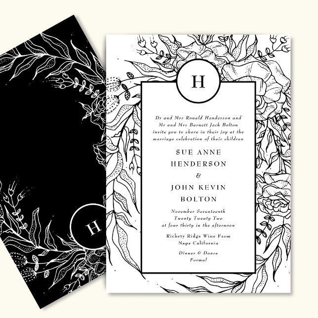 Invitation Premium Elegant Monogramme blanc Wreath noir (Créateur téléchargé)