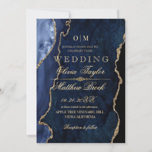 Invitation Premium Moderne Moody Mariage bleu et or