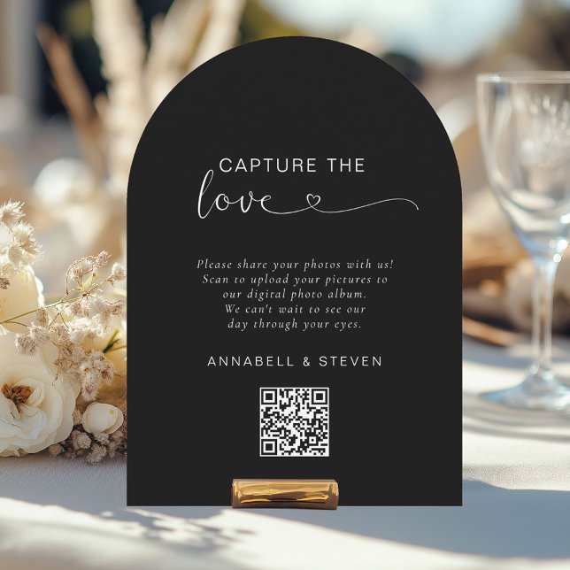 Invitation Prenez l'amour ! Photo, Heart-QR-Code, Mariage (Capture the love! Photo, Heart-QR-Code, Wedding Table Card, Black.)