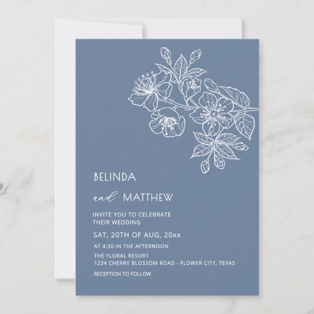 Invitation Prénoms Uniquement Fleurs Blanches Bleu Poussiéreu (Devant)