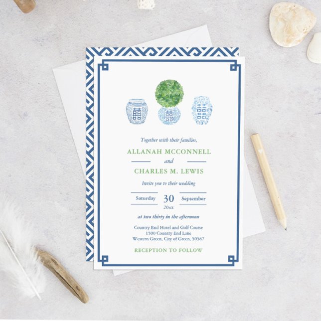 Invitation Prépa Vert Et Bleu Boîte En Buis Peinte À La Main  (Smart Navy Blue And Green Greek Key Boxwood Wedding Invitation)