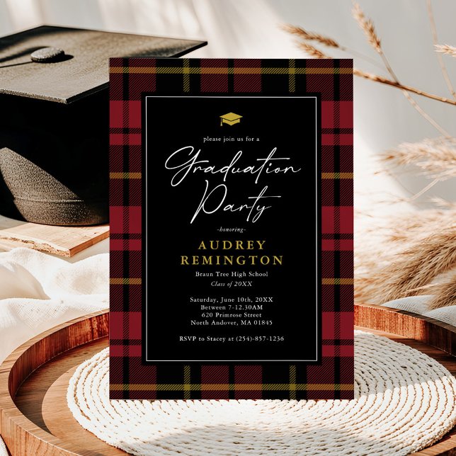 Invitation Préparation Rouge Noir Jaune Tartan Diplômé (Créateur téléchargé)