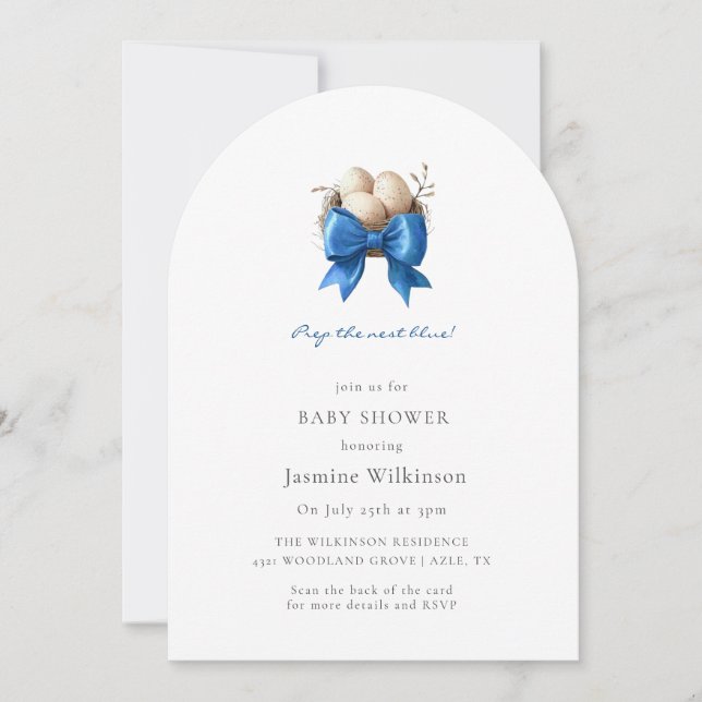 Invitation préparer le code qr du Baby shower bleu nid (Devant)