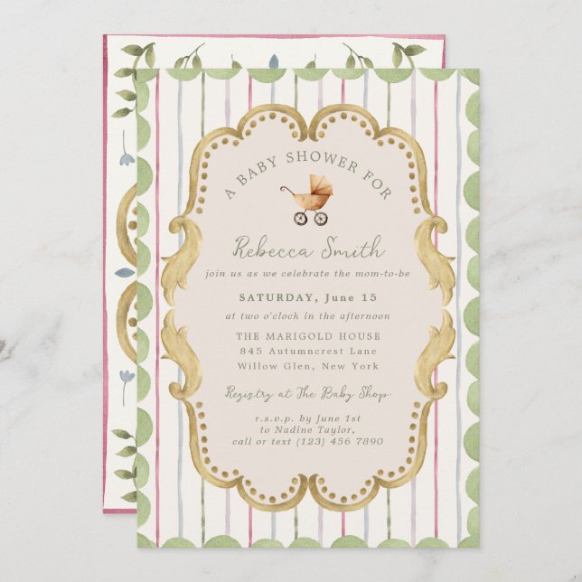 Invitation Preppy Baby Carriage Grandmillennial Baby Shower (Devant / Derrière)