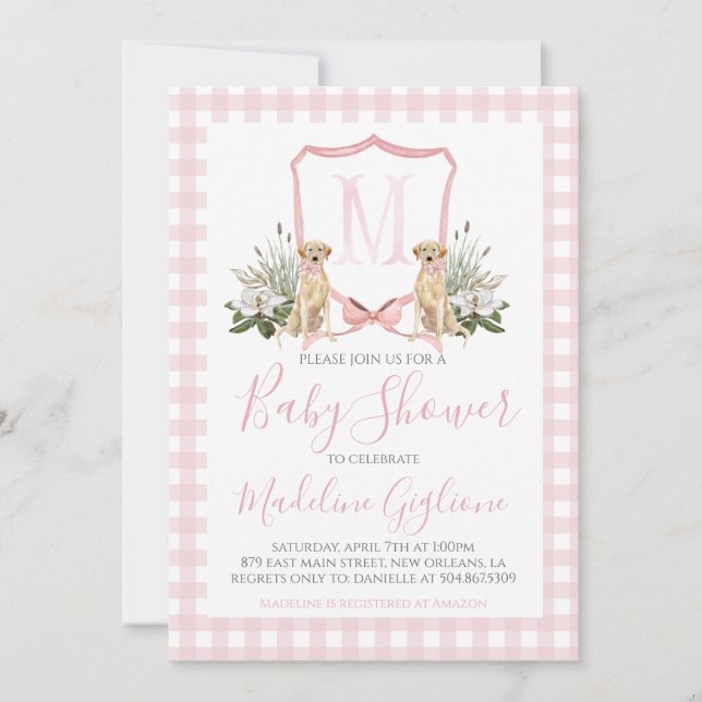 Invitation Preppy Baby shower fille chien rose du sud (Devant)