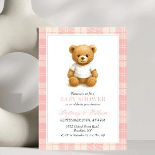 Invitation Preppy Bear Élégant Baby shower rose