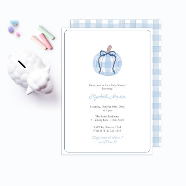 Invitation Preppy Blue En vichy Citrouille Boy Baby shower Pa (Preppy Blue And White Gingham Plaid pumpkin baby shower for boy invitation with matching backer)