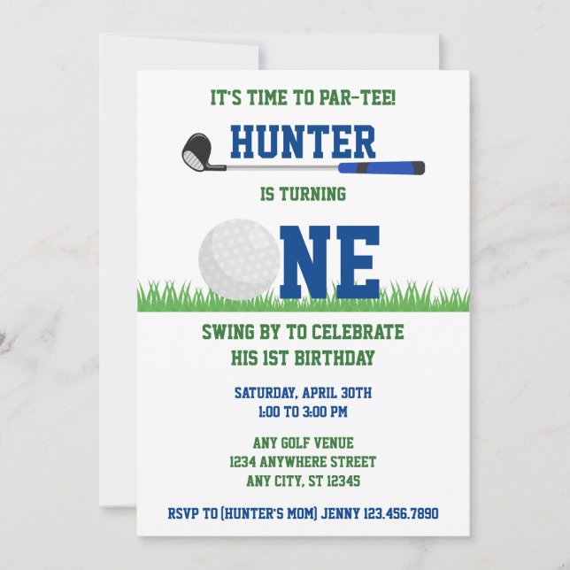Invitation Preppy Blue et Green Golf Par-Tee 1er anniversaire (Devant)