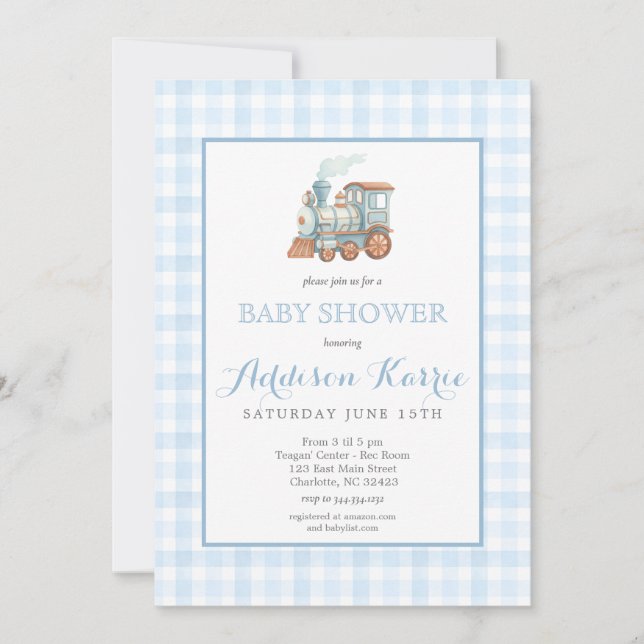 Invitation Preppy Blue Gingham Choo Choo Train Baby Shower (Devant)