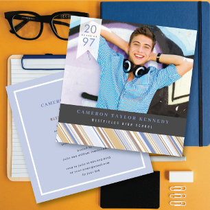 Invitation Preppy Blue Pin Stripes Photo Graduation Party