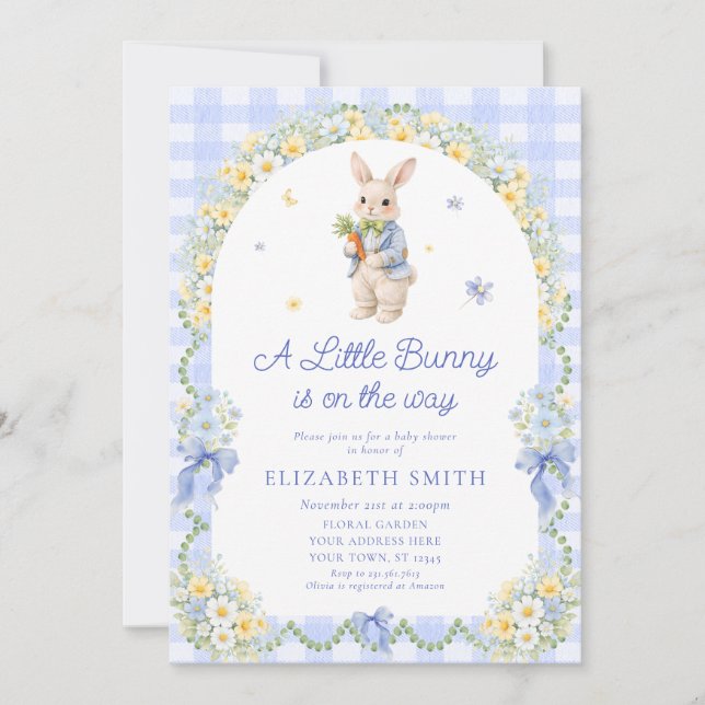 Invitation Preppy Bunny Floral Rabbit Gingham Boy Baby Shower (Devant)