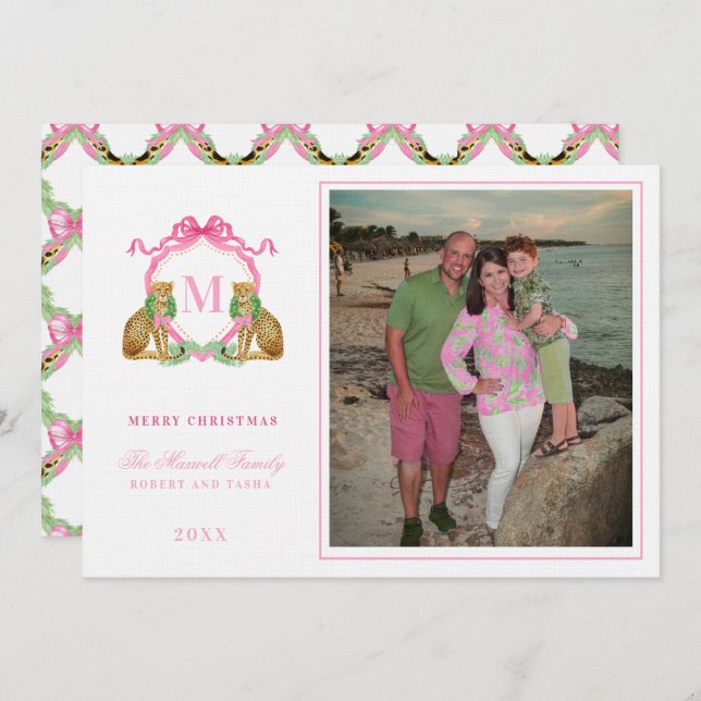 Invitation Preppy Christmas Leopard Crest Monogram  (Devant / Derrière)