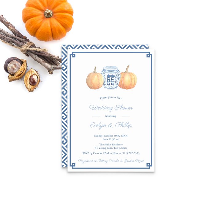 Invitation Preppy Citrouille Navy brûlé Orange Wedding shower (Orange Pumpkins With Navy Blue And White Ginger Jar Greek Key Wedding Shower Party Invitation)