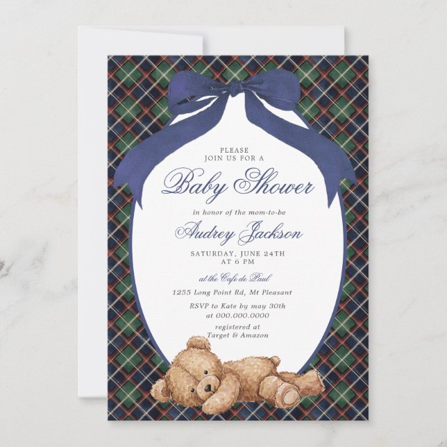Invitation Preppy Classic Polo Bear Navy Plaid Baby Shower (Devant)