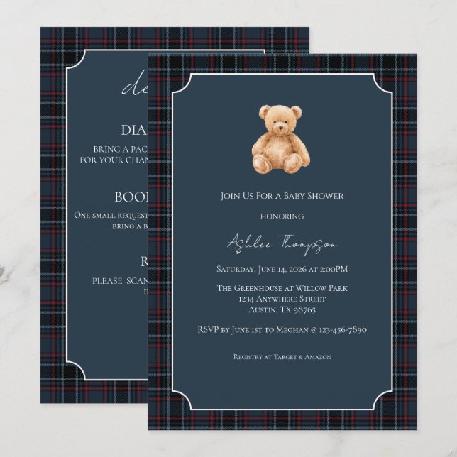 Invitation Preppy Classic Teddy Bear Baby Shower (Devant / Derrière)