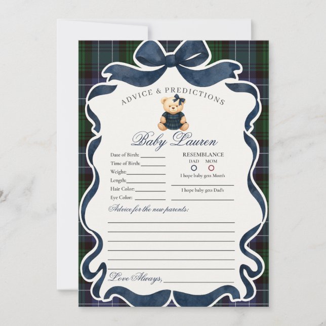 Invitation Preppy Coquette Bow Bear Girl Advice for Baby Card (Devant)