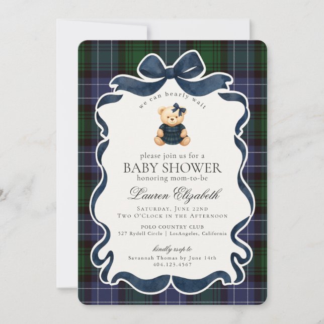 Invitation Preppy Coquette Bow Bear Tartan Plaid Baby Shower (Devant)