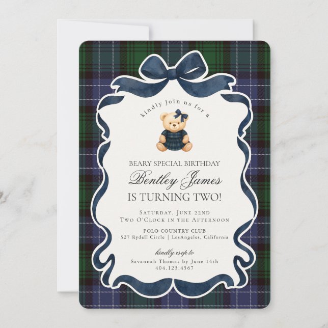 Invitation Preppy Coquette Bow Bear Tartan Plaid Birthday (Devant)