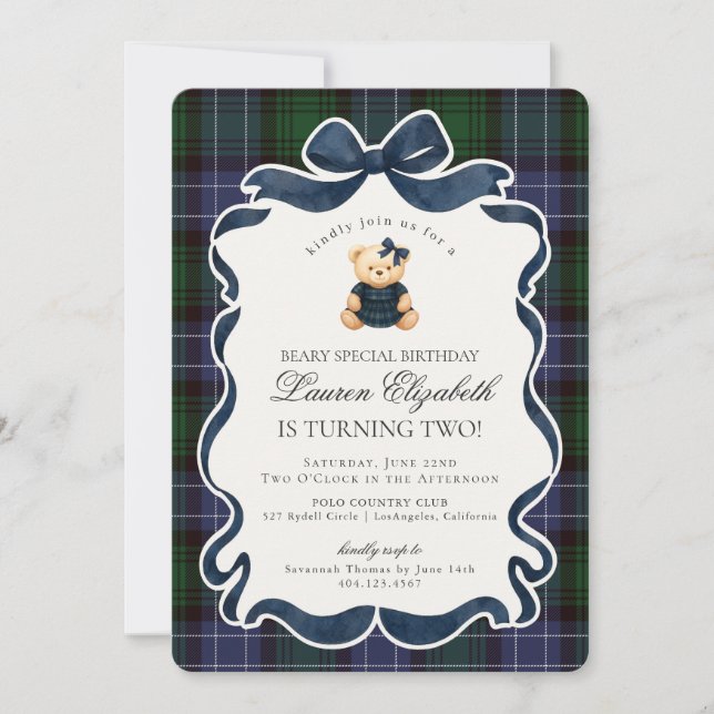Invitation Preppy Coquette Bow Bear Tartan Plaid Birthday (Devant)